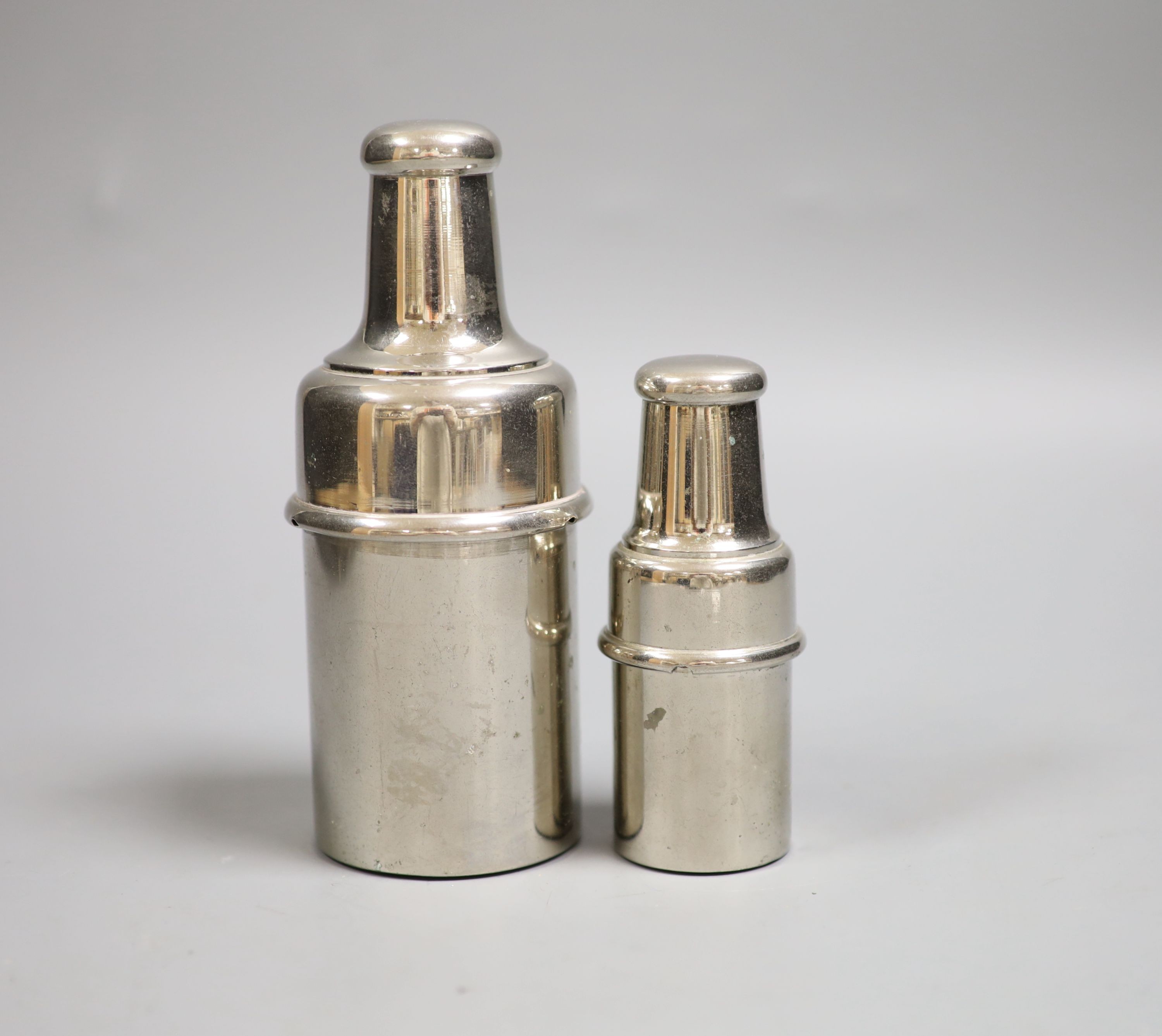 Two chrome plated cased glass medicine bottles, tallest 15cm